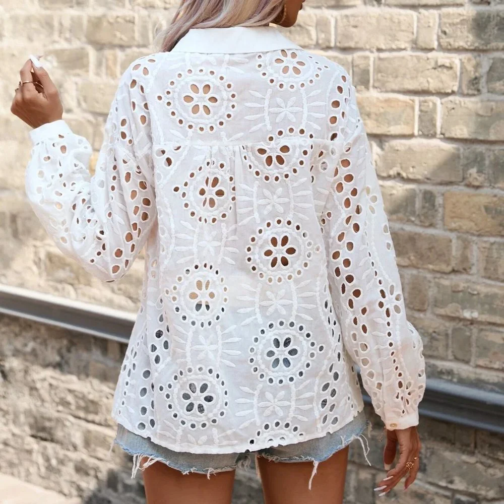 White Boho Womens Eyelet Embroidery Button Front Shirt